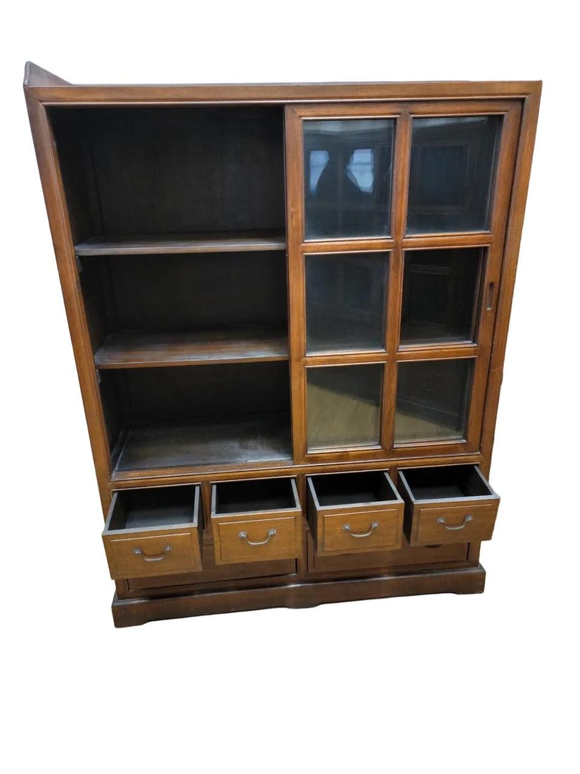 Vintage Chinese Sliding Door Elm Display Cabinet - Pair - 6