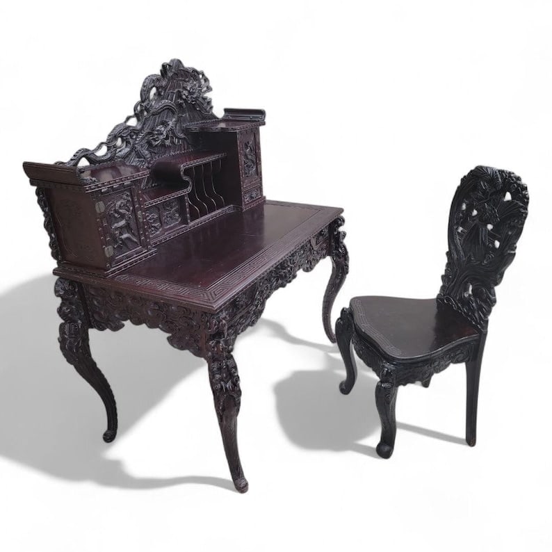 Antique Carved Ornate Japanese Export Hard Rosewood Writing Desk and Chair Set (1 of 8)
