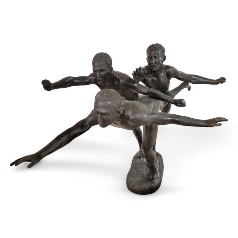 Antique French Art Nouveau Au But' Bronze Sculpture by Alfred Boucher: Title: Antique French Art Nouveau Au But' Bronze Sculpture by Alfred Boucher Description: .Antique French Art Nouveau Monumental Au But' Cast Patinated Bronze Sculpture by Alfred Boucher Elevate your