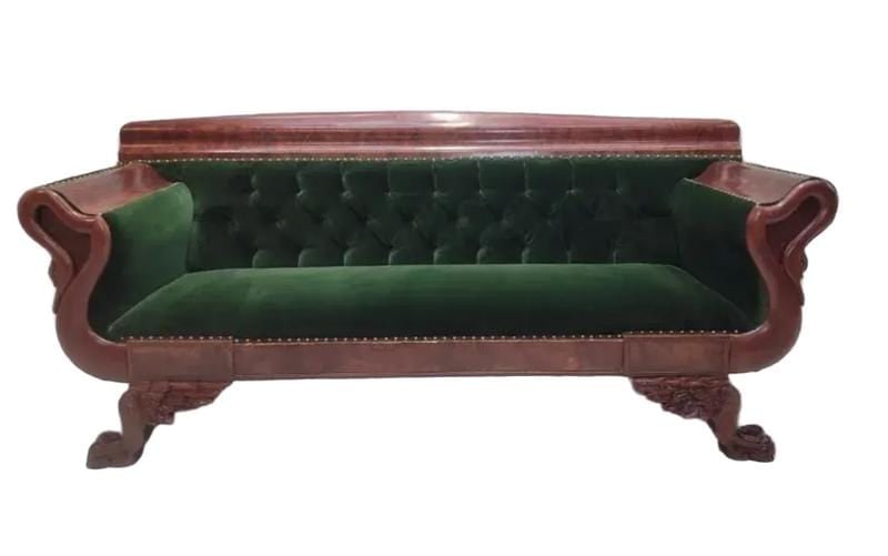 Antique Empire Style Mahogany Swan Grecian Sofa Newly Reupholstered - 5