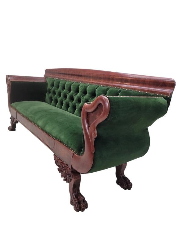 Antique Empire Style Mahogany Swan Grecian Sofa Newly Reupholstered - 7