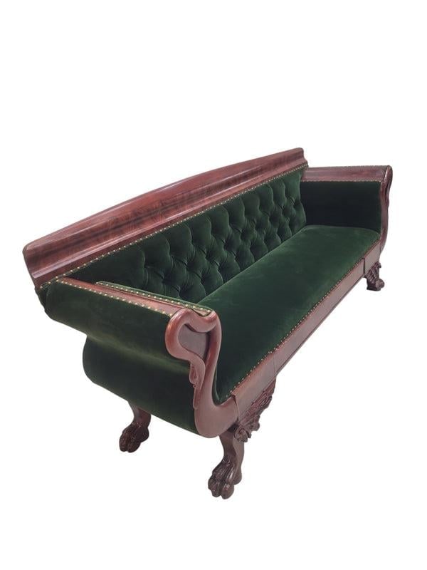Antique Empire Style Mahogany Swan Grecian Sofa Newly Reupholstered - 8