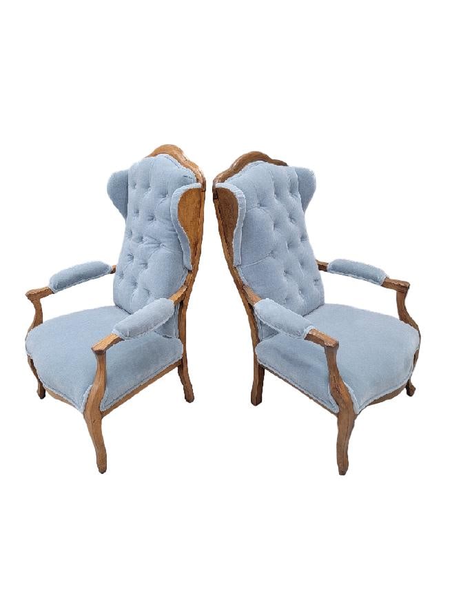 Vintage French Country Style Wingback Chairs Newly Reupholstered - Pair - 4