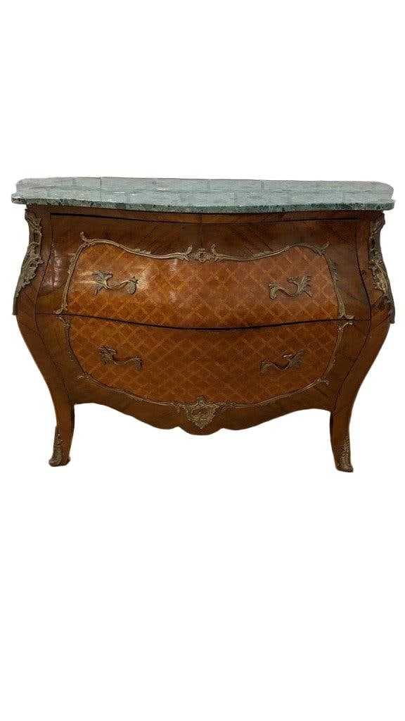 Antique French Louis XVI Style Marble Top Parquetry Bombe Chest - 3