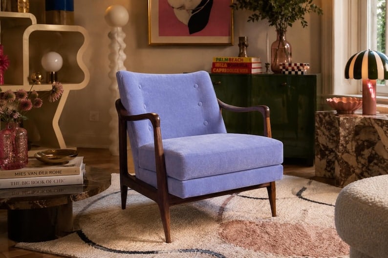 MCM Sculptural Accent Chair Newly Reupholstered: Title: MCM Sculptural Accent Chair Newly Reupholstered Description: Mid Century Modern Sculptural Walnut Lounge Chair in the Style of Gio Ponti Newly Upholstered in a Light Blue Mohair The Gio Ponti s