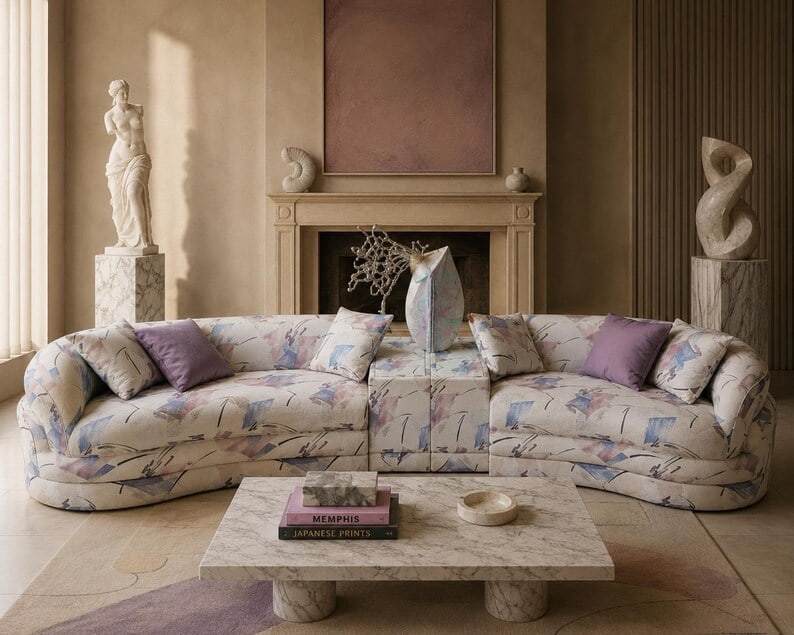 Postmodern Kagan Style Curved Sectional Sofa: Title: Postmodern Kagan Style Curved Sectional Sofa Description: .Vintage Postmodern Kagan Style Curved Sectional Sofa with 2 Side Tables for Custom Reupholstery The frame of this curvilinear Kagan st
