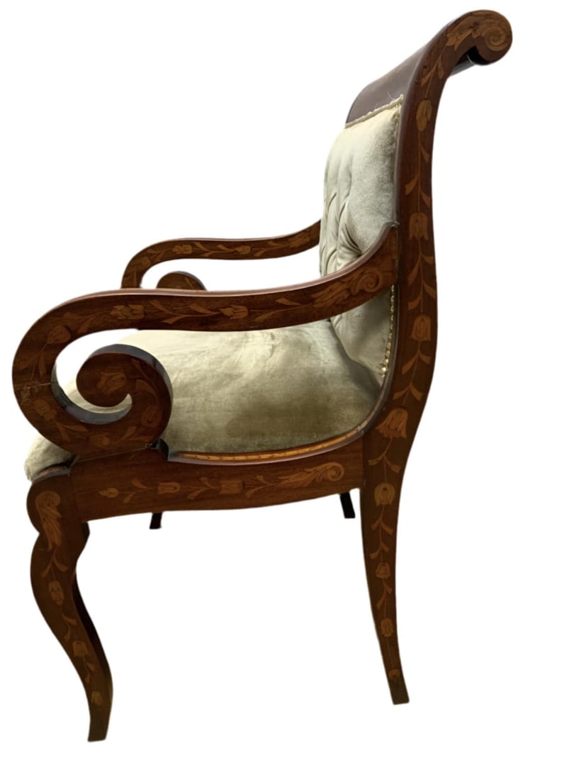 Antique Neoclassical Inlaid Scroll Arm Armchair Desk Chair Newly Upholstered in Gold Velvet - 3