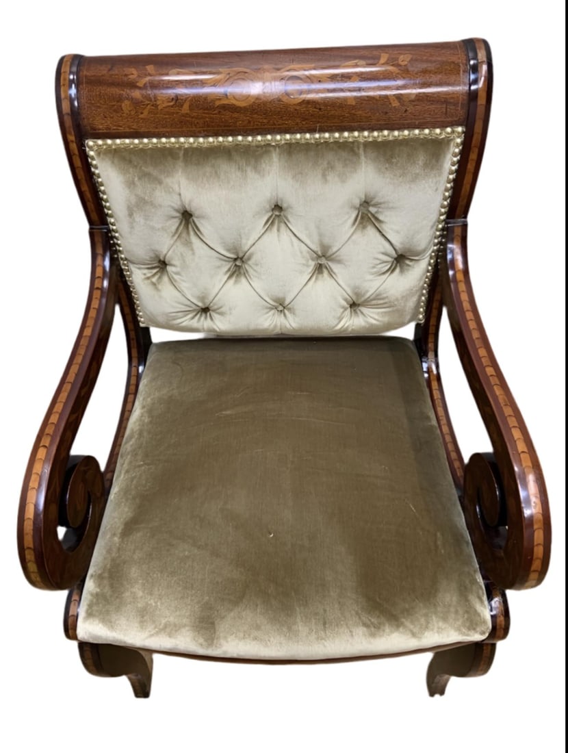 Antique Neoclassical Inlaid Scroll Arm Armchair Desk Chair Newly Upholstered in Gold Velvet - 4