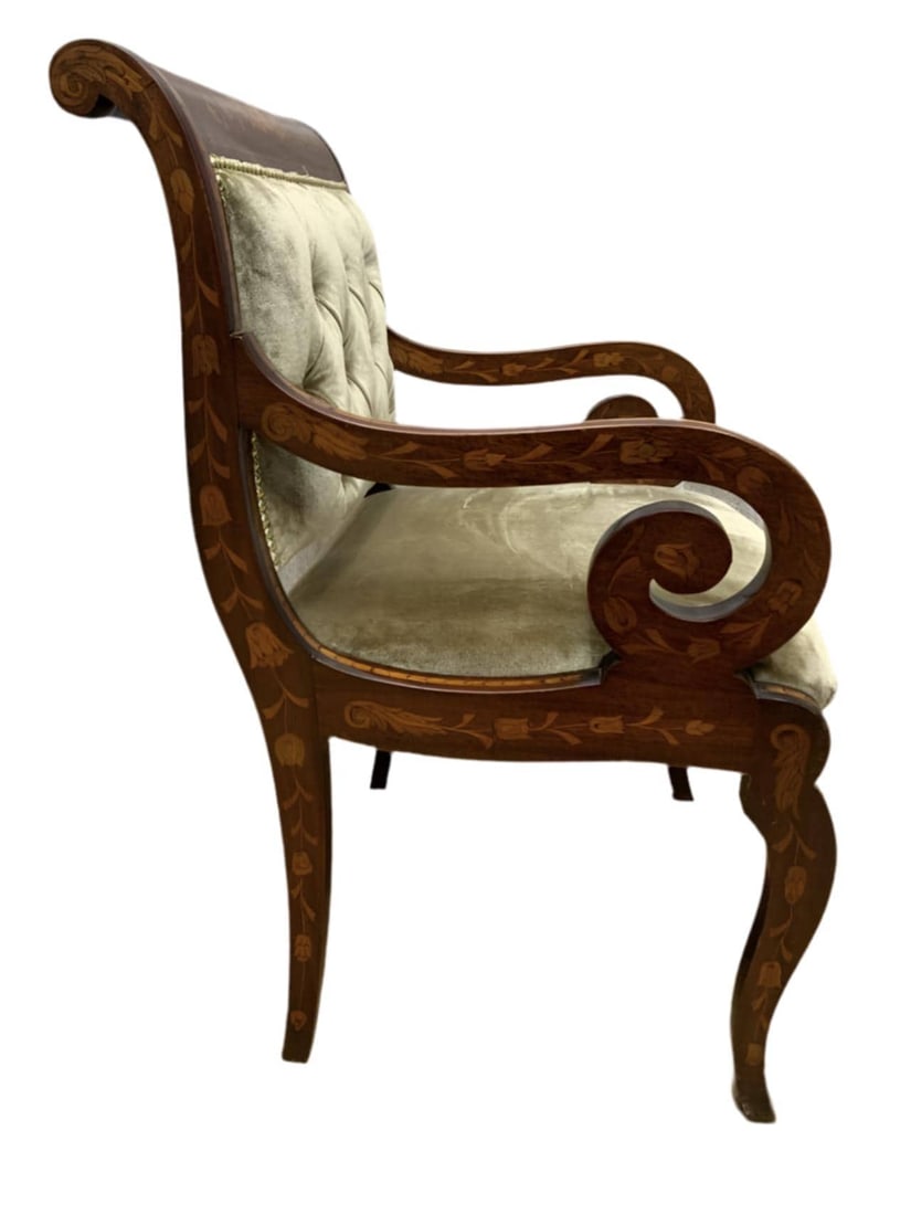 Antique Neoclassical Inlaid Scroll Arm Armchair Desk Chair Newly Upholstered in Gold Velvet - 5