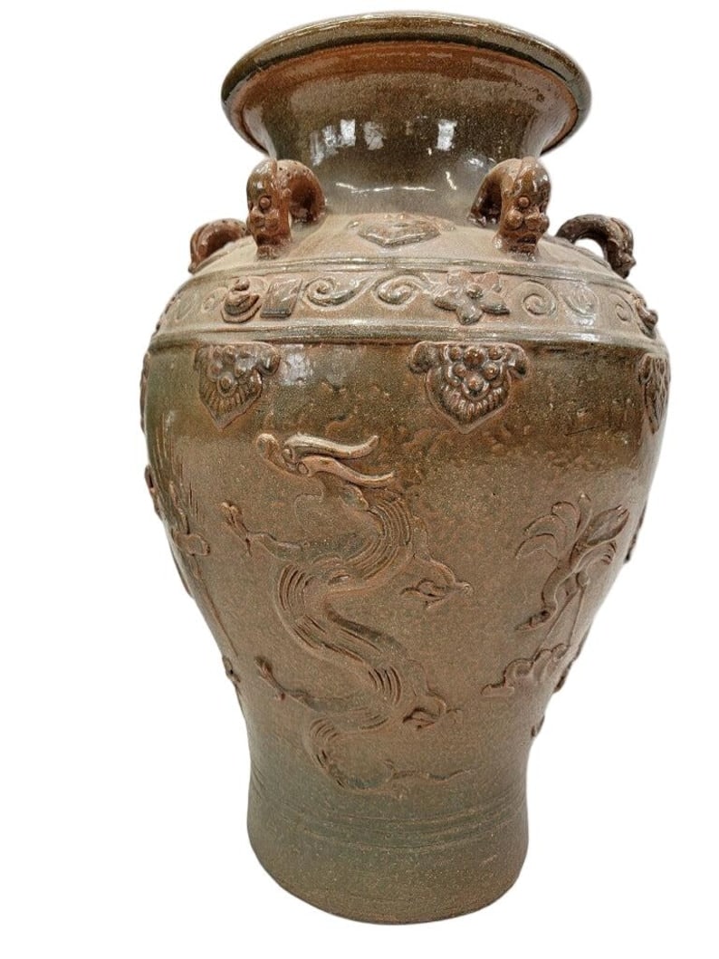 Antique Decorated Brown-Glazed Mataban Vase Jar: Title: Antique Decorated Brown-Glazed Mataban Vase Jar Description: .Antique Brown-Glazed Mataban VaseThis large antique Chinese urn has six small figural handles made of beasts and multiple dragons c