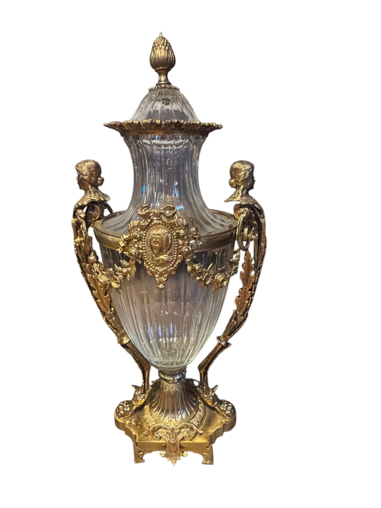 Antique French Gilt Bronze Diamond Cut Baccarat Crystal Urns Signed - Pair - 4
