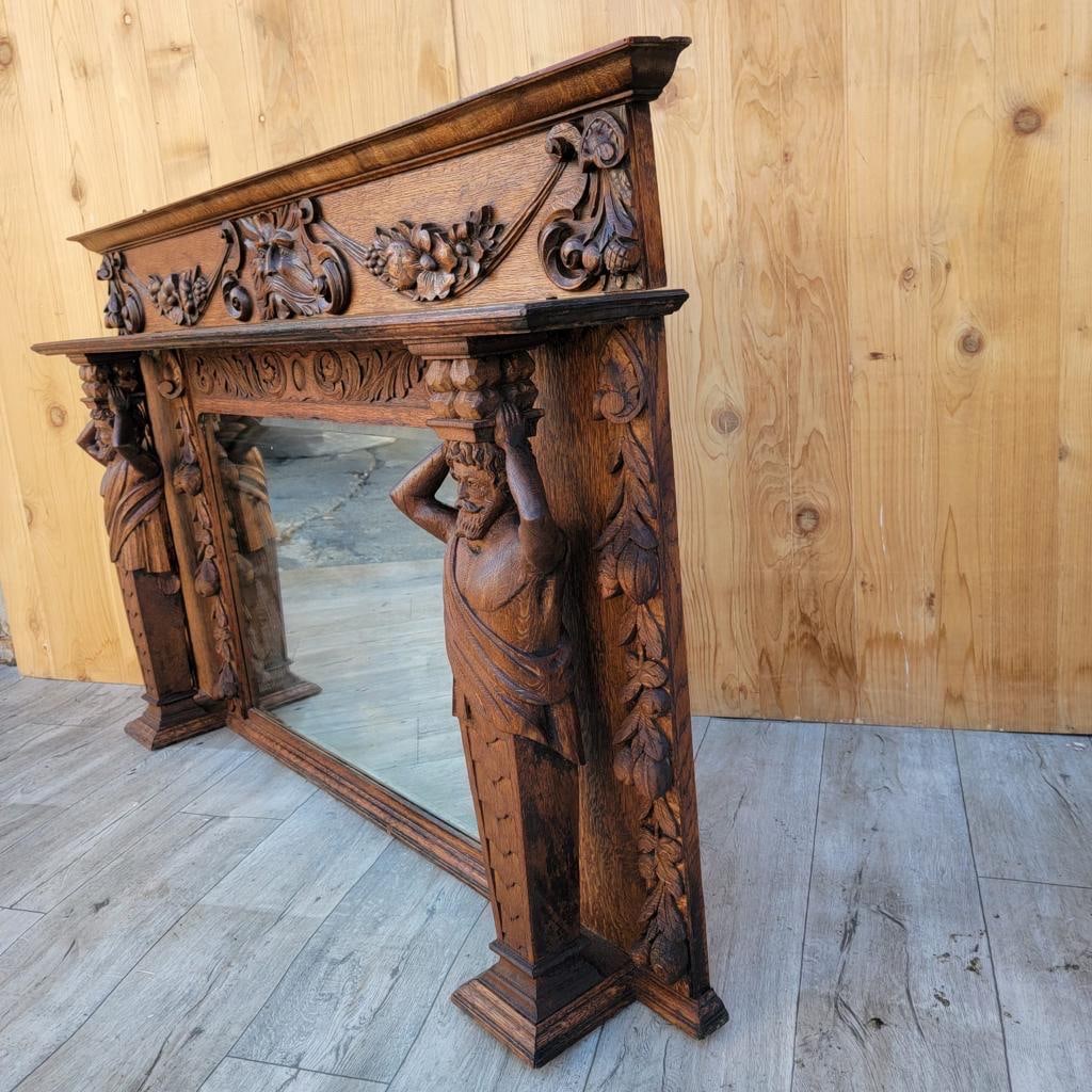 Antique Neoclassical Carved Figural Quarter-Sawn Fireplace Mantel Mirror Topper - 5
