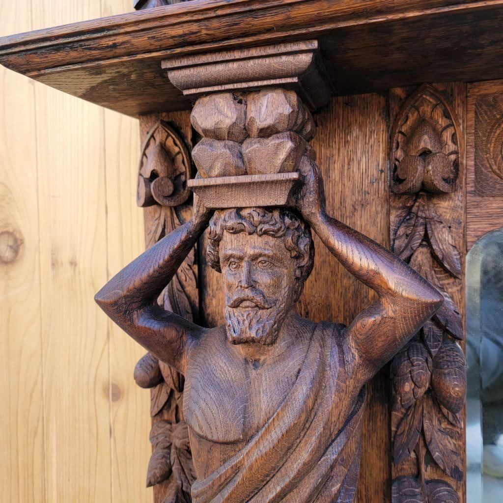 Antique Neoclassical Carved Figural Quarter-Sawn Fireplace Mantel Mirror Topper - 6