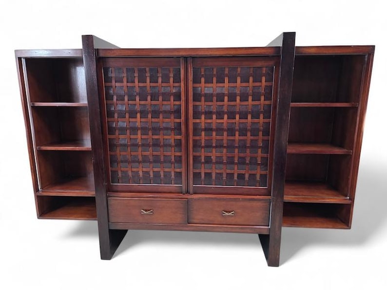 Vintage Modern Mahogany Media Console with Sliding Woven Doors by South Cone (1 of 8)