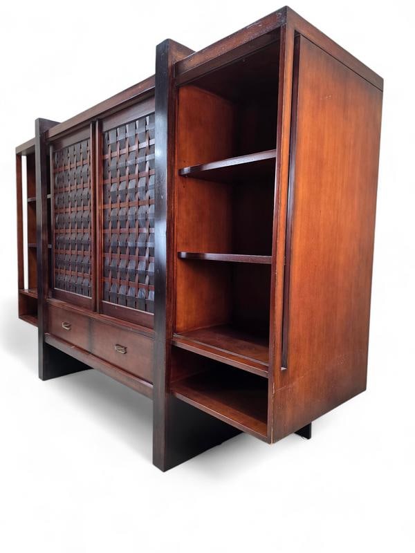 Vintage Modern Mahogany Media Console with Sliding Woven Doors by South Cone - 6