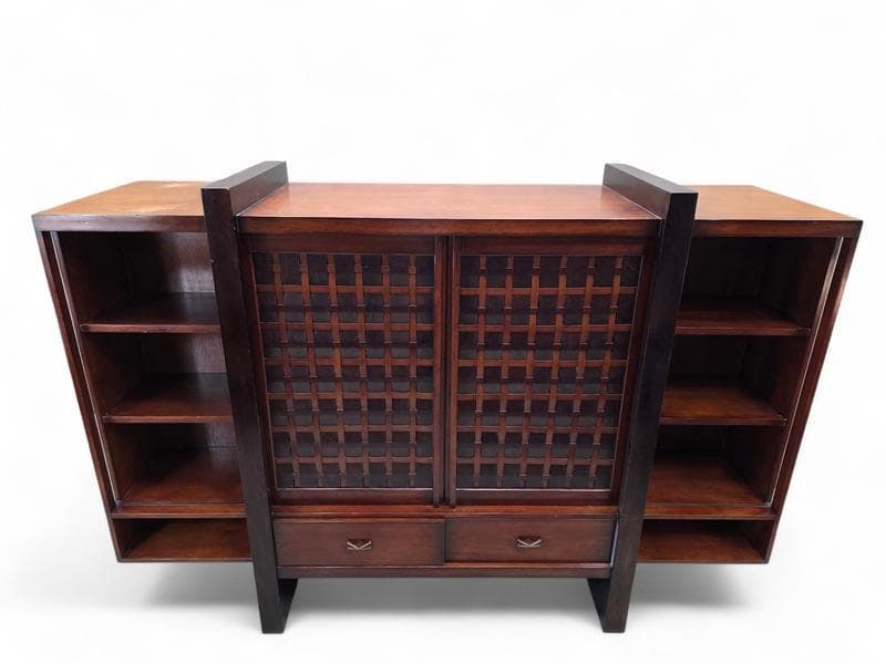 Vintage Modern Mahogany Media Console with Sliding Woven Doors by South Cone - 7