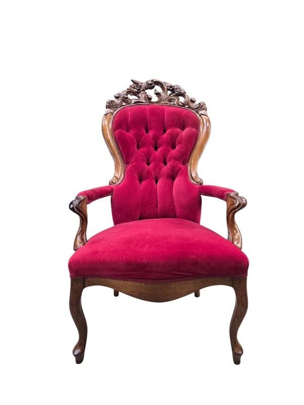 Vintage Victorian Style Tufted Red Velvet Armchair - 2