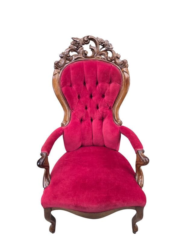 Vintage Victorian Style Tufted Red Velvet Armchair - 8
