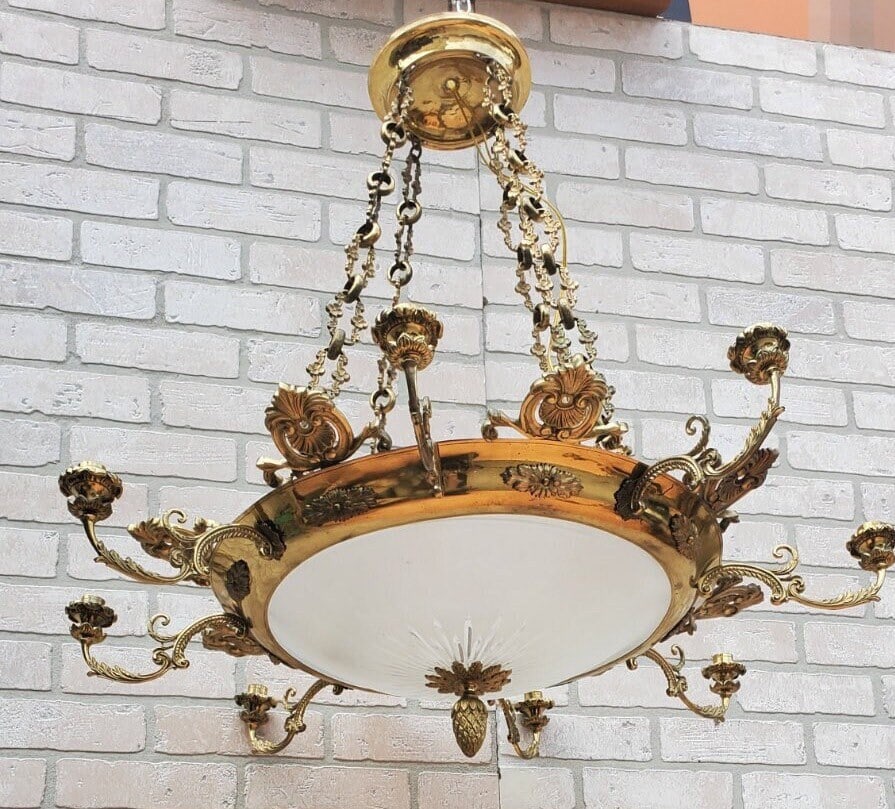 Antique French Empire Ornate Brass 4 Light Electrified Etched Glass Bowl Candelabra Chandelier - 6