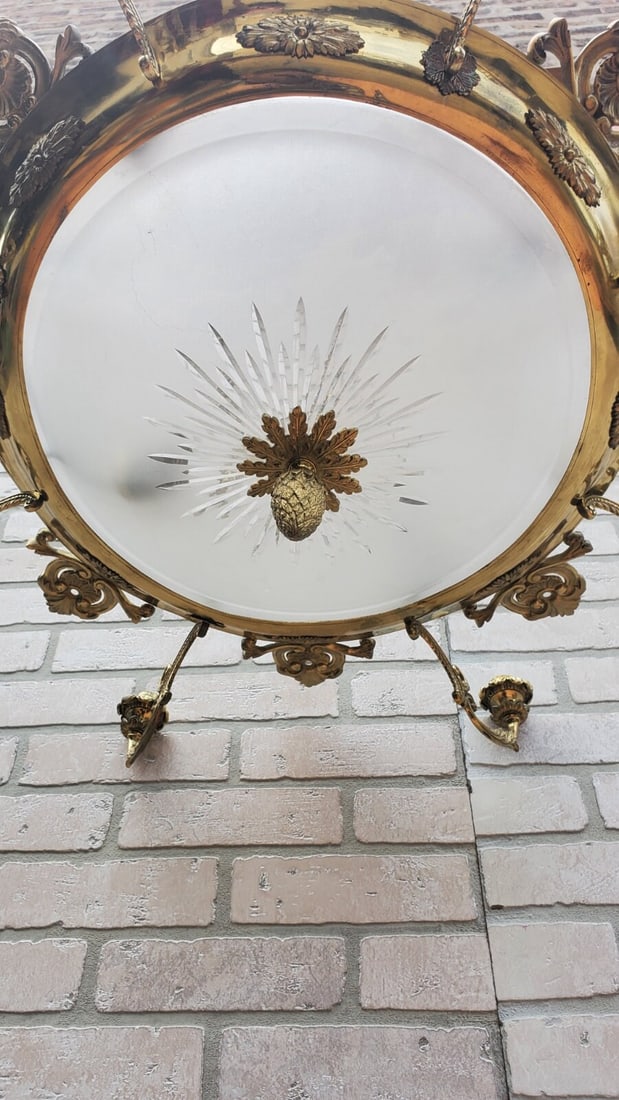 Antique French Empire Ornate Brass 4 Light Electrified Etched Glass Bowl Candelabra Chandelier - 8