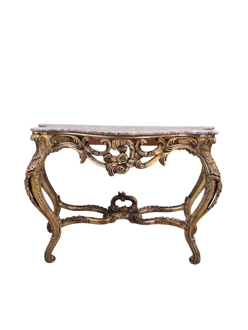 Antique Louis XV Style Carved Fruitwood Console Table with Pink Marble Top (1 of 8)