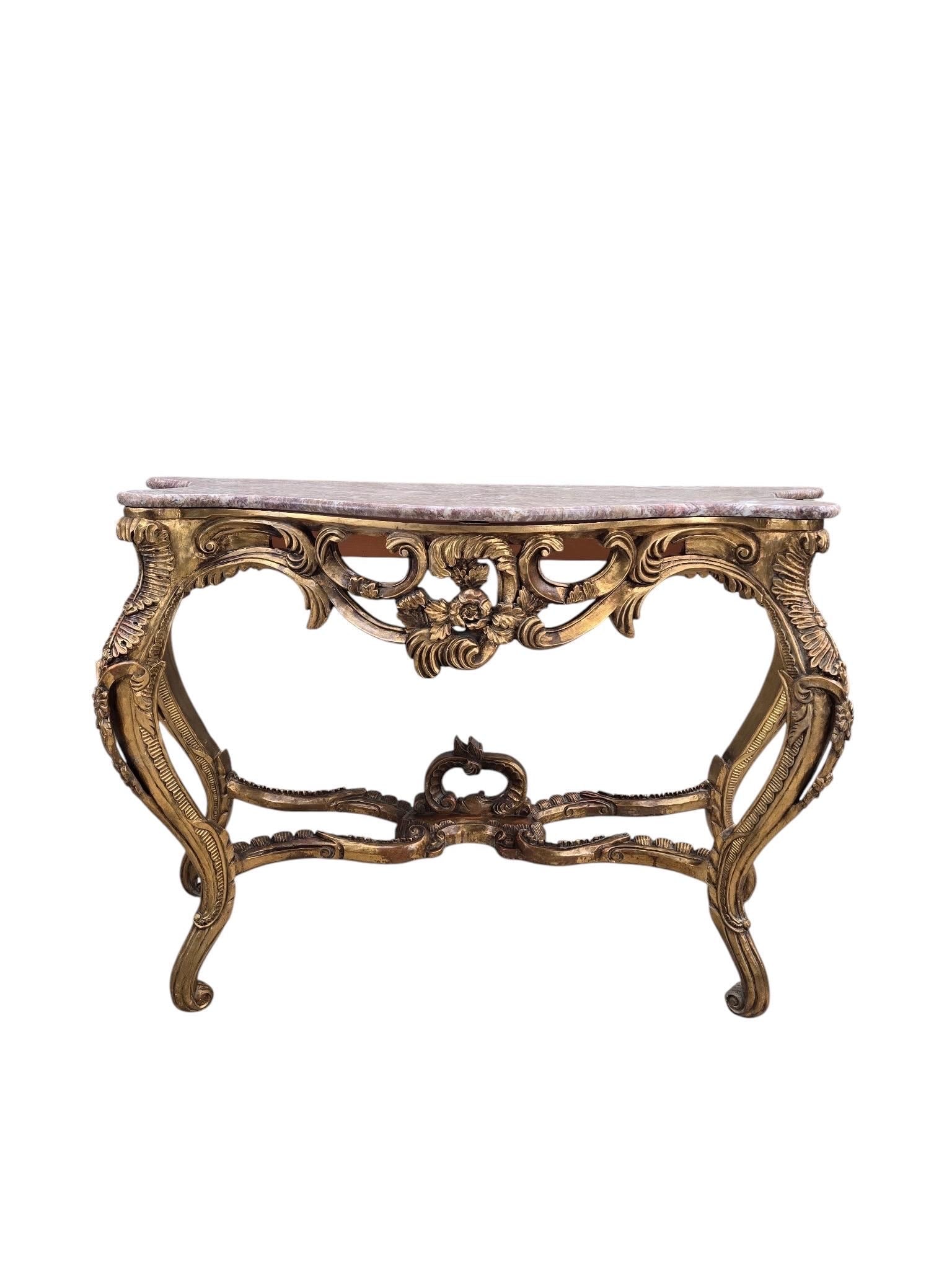 Antique Louis XV Style Carved Fruitwood Console Table with Pink Marble Top - 2