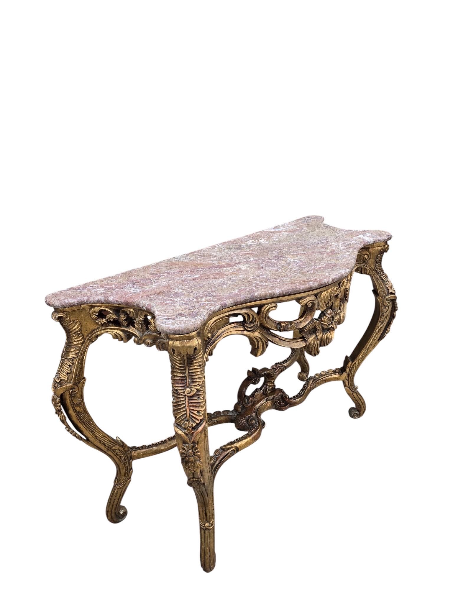 Antique Louis XV Style Carved Fruitwood Console Table with Pink Marble Top - 3