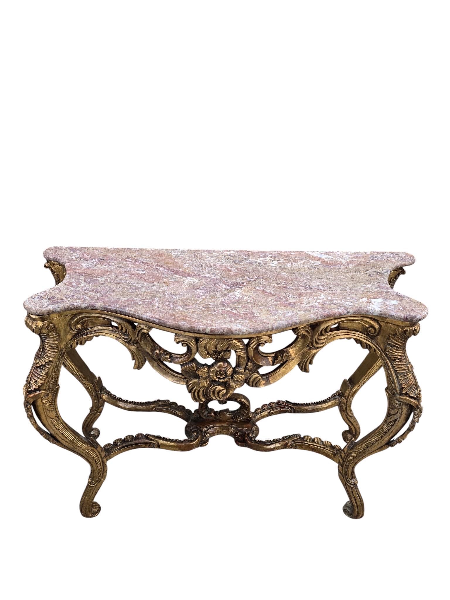 Antique Louis XV Style Carved Fruitwood Console Table with Pink Marble Top - 4