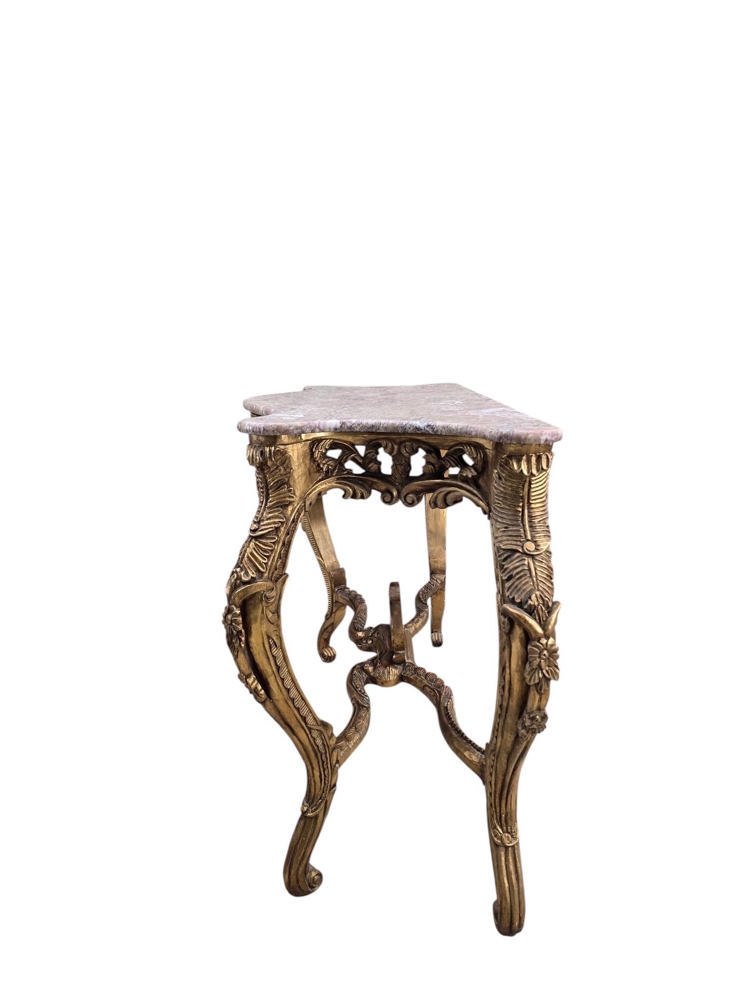 Antique Louis XV Style Carved Fruitwood Console Table with Pink Marble Top - 5