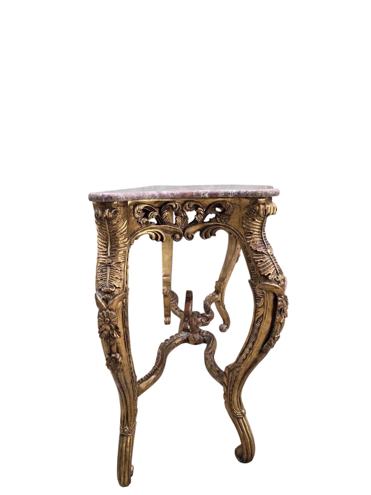 Antique Louis XV Style Carved Fruitwood Console Table with Pink Marble Top - 6