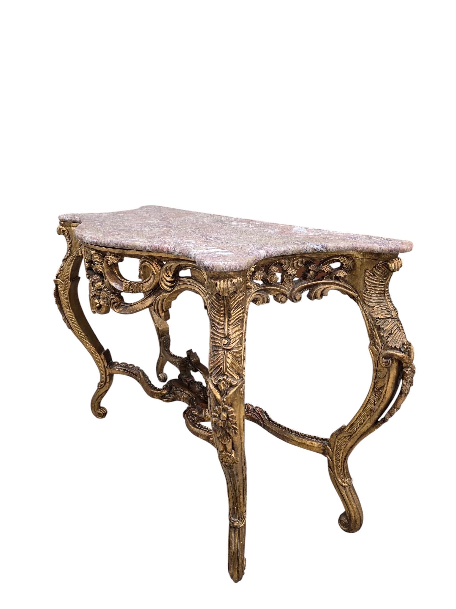 Antique Louis XV Style Carved Fruitwood Console Table with Pink Marble Top - 7