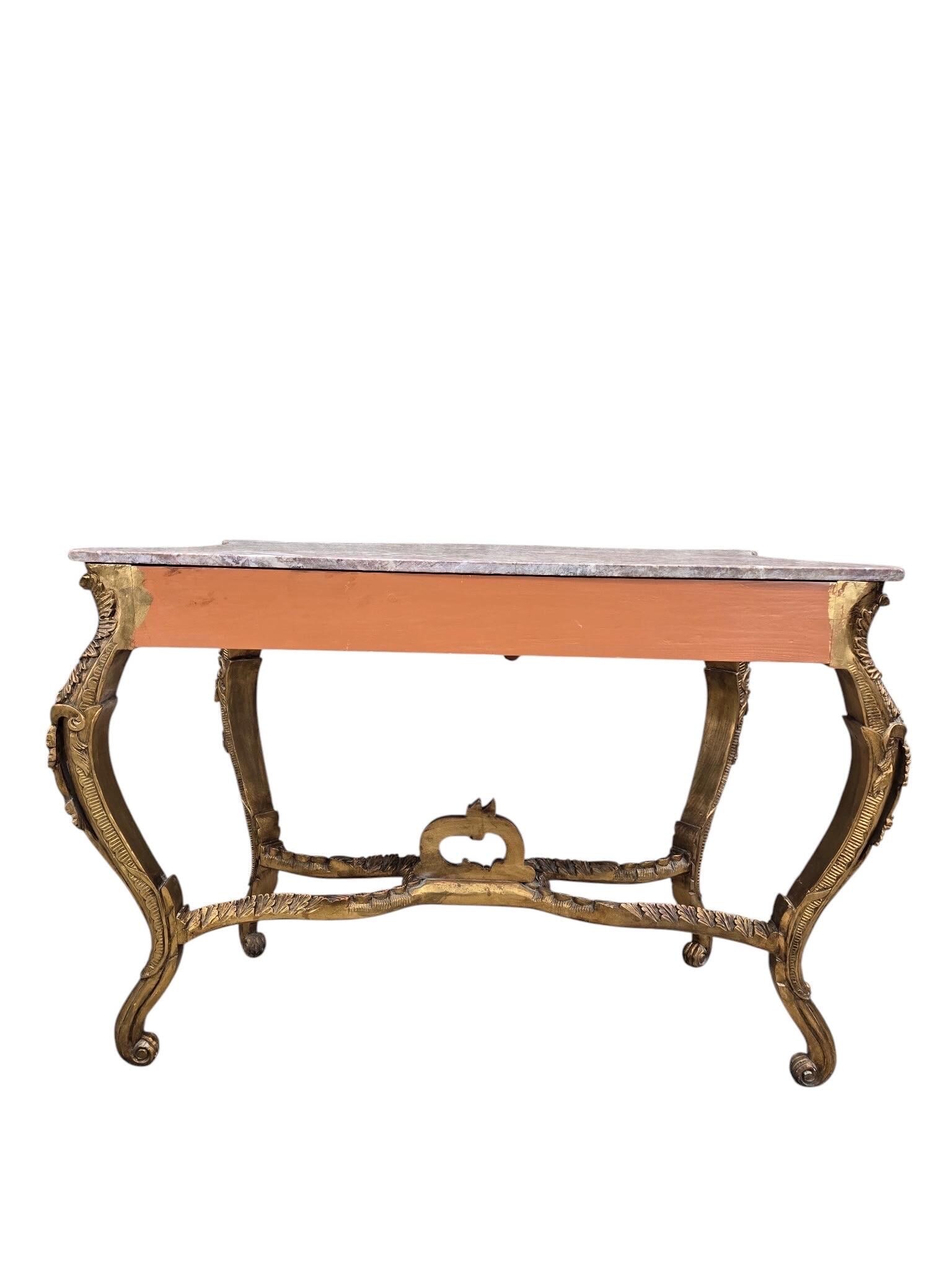 Antique Louis XV Style Carved Fruitwood Console Table with Pink Marble Top - 8