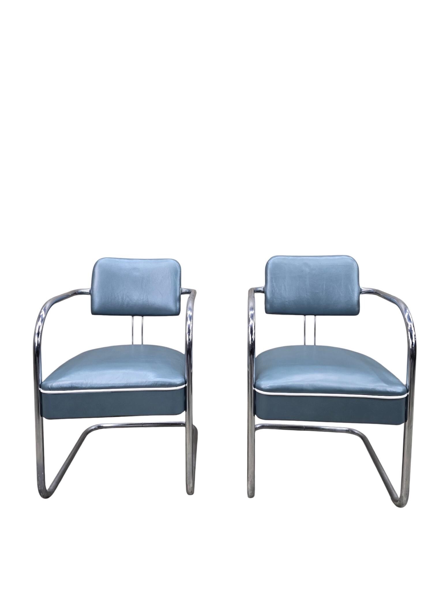 Art Deco Cantilever Chairs Attributed to Kem Weber Newly Upholstered in Holly Hunt Teal Metallic - 2