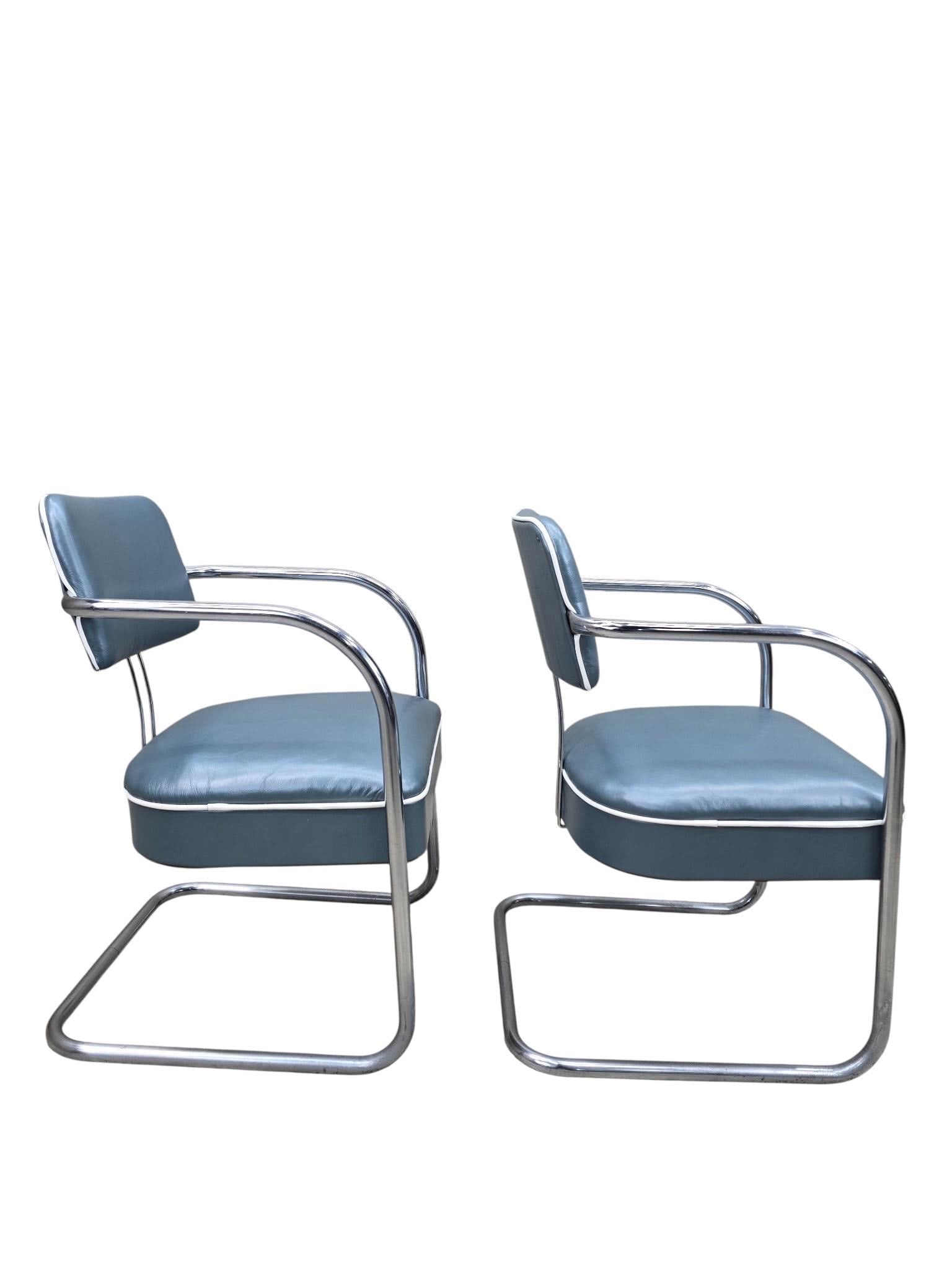 Art Deco Cantilever Chairs Attributed to Kem Weber Newly Upholstered in Holly Hunt Teal Metallic - 3