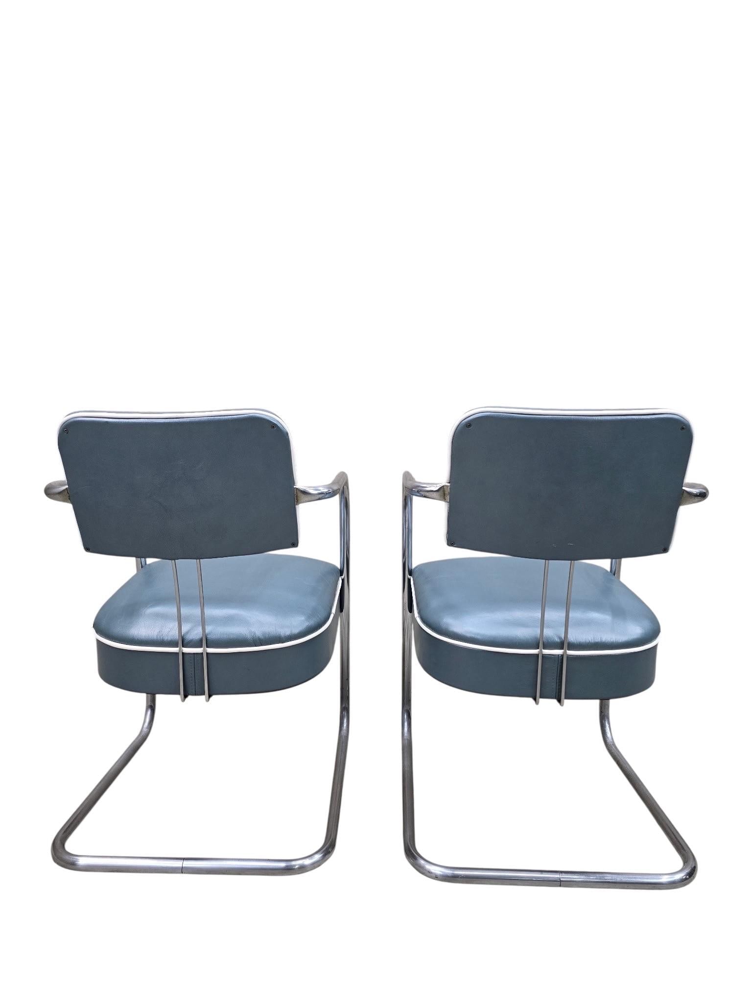 Art Deco Cantilever Chairs Attributed to Kem Weber Newly Upholstered in Holly Hunt Teal Metallic - 4