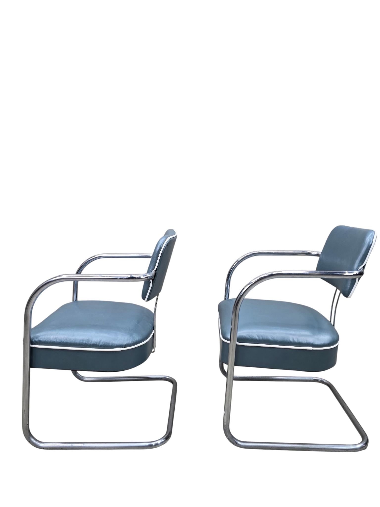 Art Deco Cantilever Chairs Attributed to Kem Weber Newly Upholstered in Holly Hunt Teal Metallic - 5