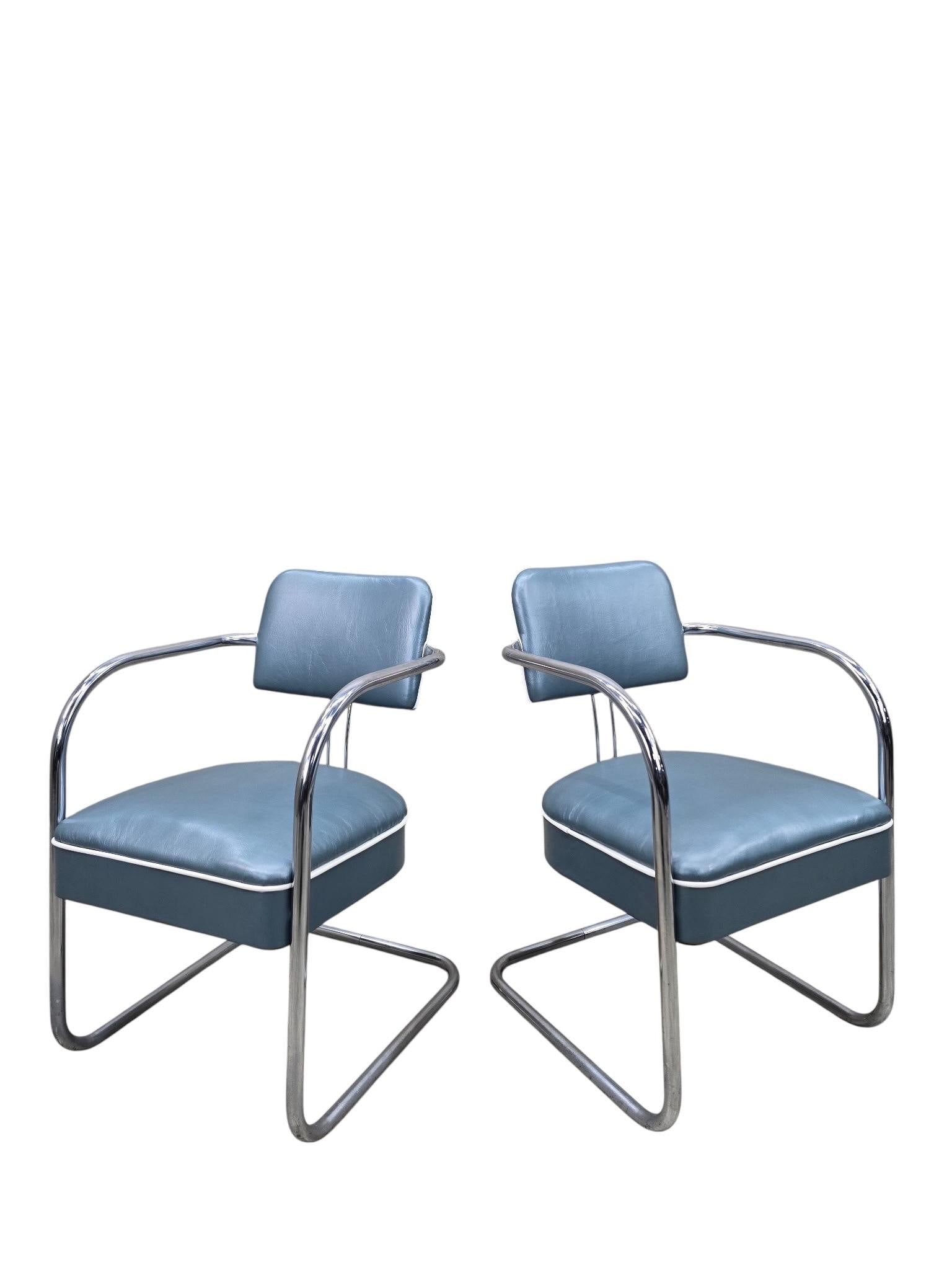 Art Deco Cantilever Chairs Attributed to Kem Weber Newly Upholstered in Holly Hunt Teal Metallic - 6