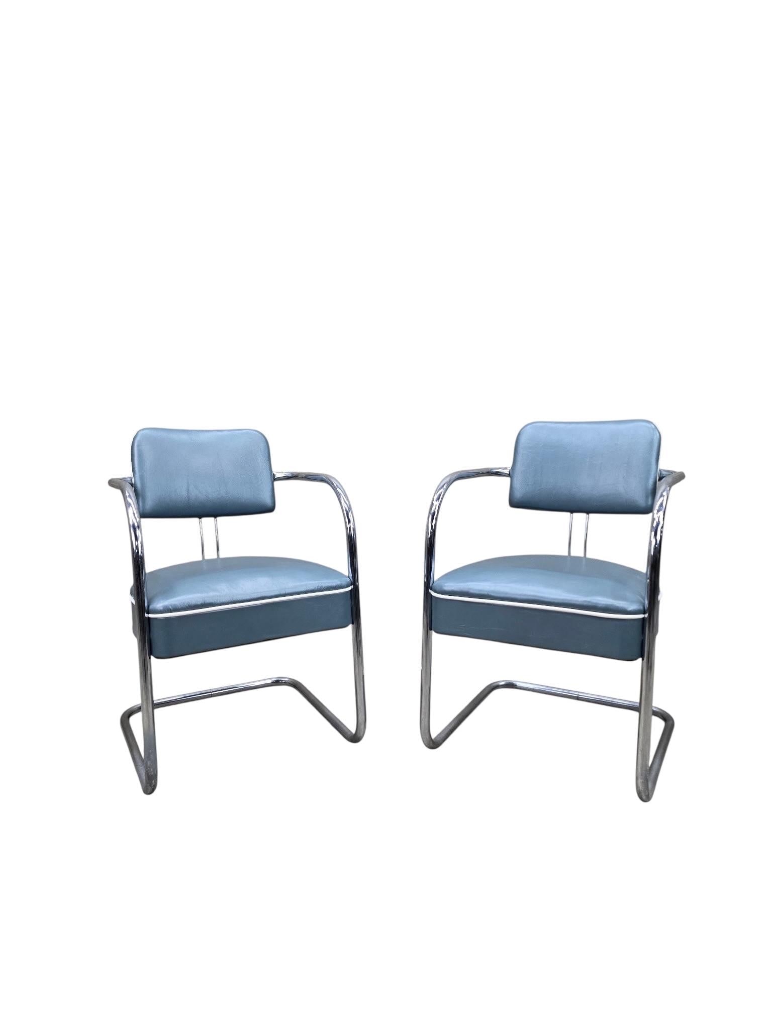 Art Deco Cantilever Chairs Attributed to Kem Weber Newly Upholstered in Holly Hunt Teal Metallic - 7