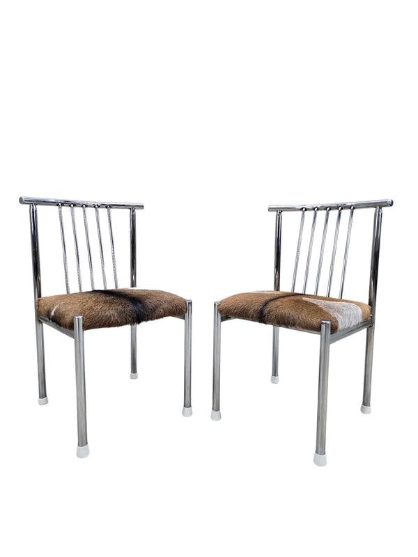 MCM B. Brody Chrome Spindle Back Side Chairs Newly Reupholstered in Cowhide – Pair - 2