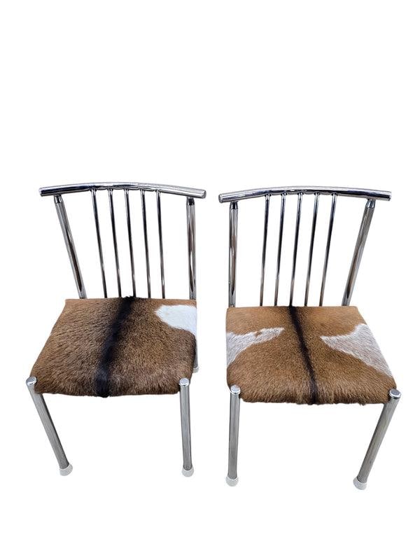 MCM B. Brody Chrome Spindle Back Side Chairs Newly Reupholstered in Cowhide – Pair - 3
