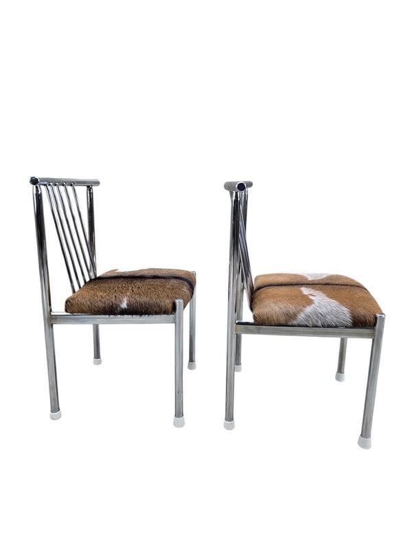 MCM B. Brody Chrome Spindle Back Side Chairs Newly Reupholstered in Cowhide – Pair - 4