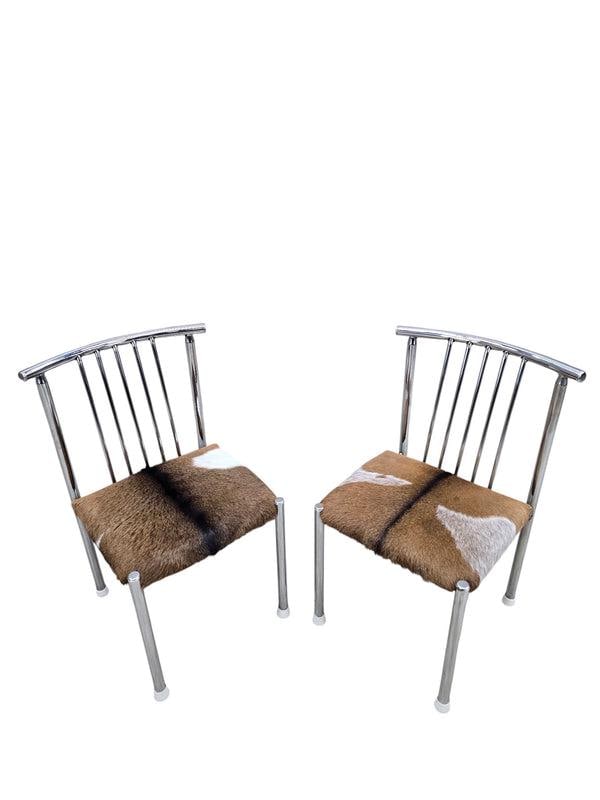 MCM B. Brody Chrome Spindle Back Side Chairs Newly Reupholstered in Cowhide – Pair - 6