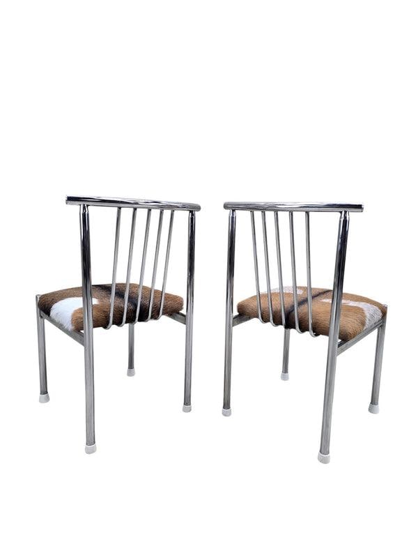 MCM B. Brody Chrome Spindle Back Side Chairs Newly Reupholstered in Cowhide – Pair - 7