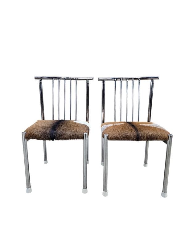 MCM B. Brody Chrome Spindle Back Side Chairs Newly Reupholstered in Cowhide – Pair - 8