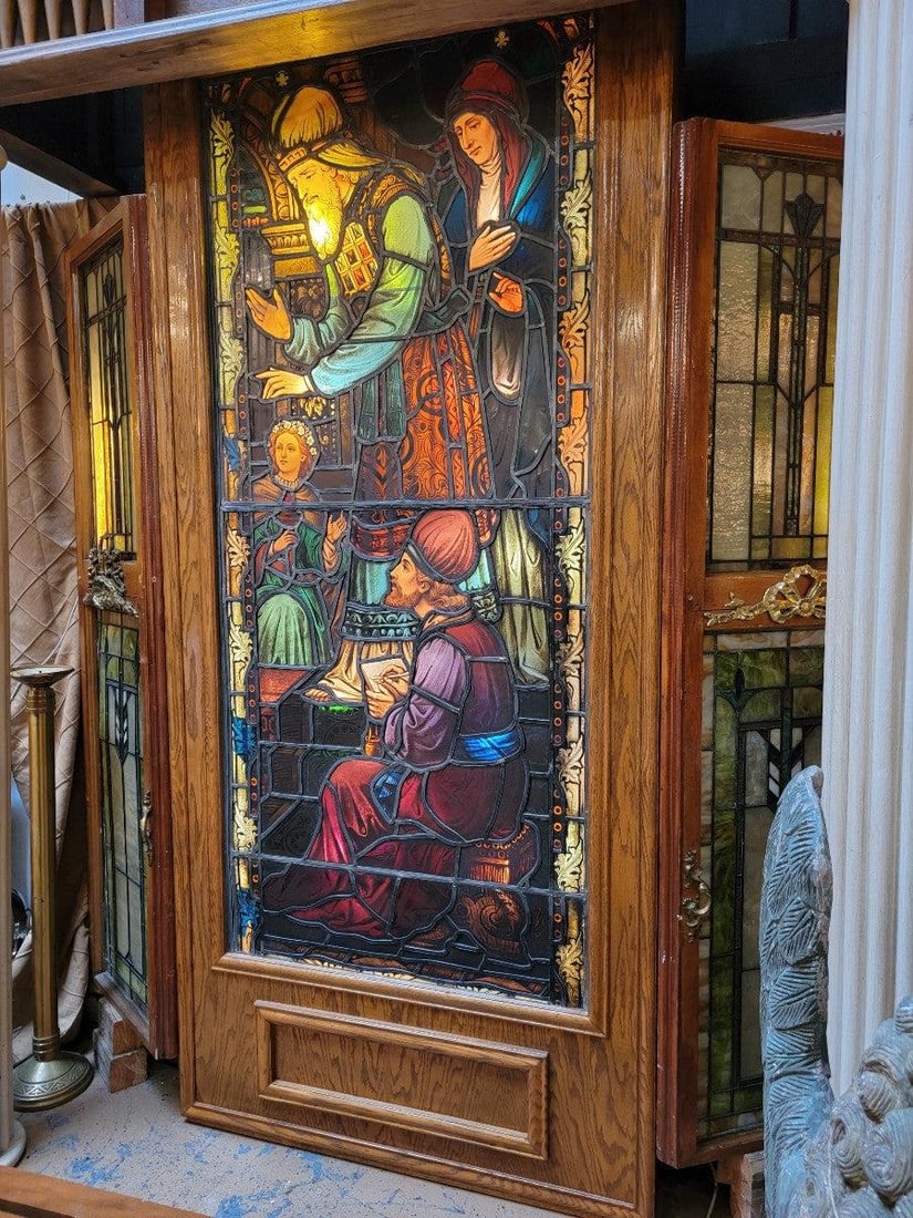 Antique Enclosed Free Standing Light Box with Stained Glass Church Window - 3