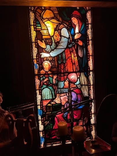 Antique Enclosed Free Standing Light Box with Stained Glass Church Window - 4