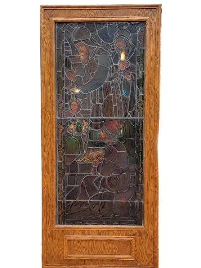 Antique Enclosed Free Standing Light Box with Stained Glass Church Window - 5