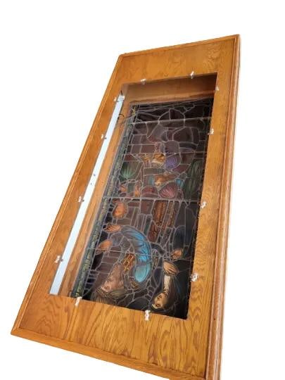 Antique Enclosed Free Standing Light Box with Stained Glass Church Window - 7