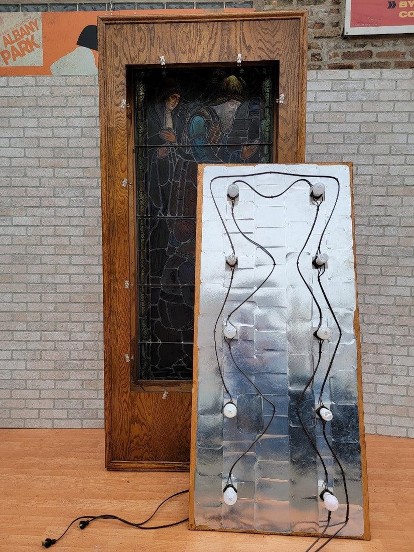 Antique Enclosed Free Standing Light Box with Stained Glass Church Window - 8