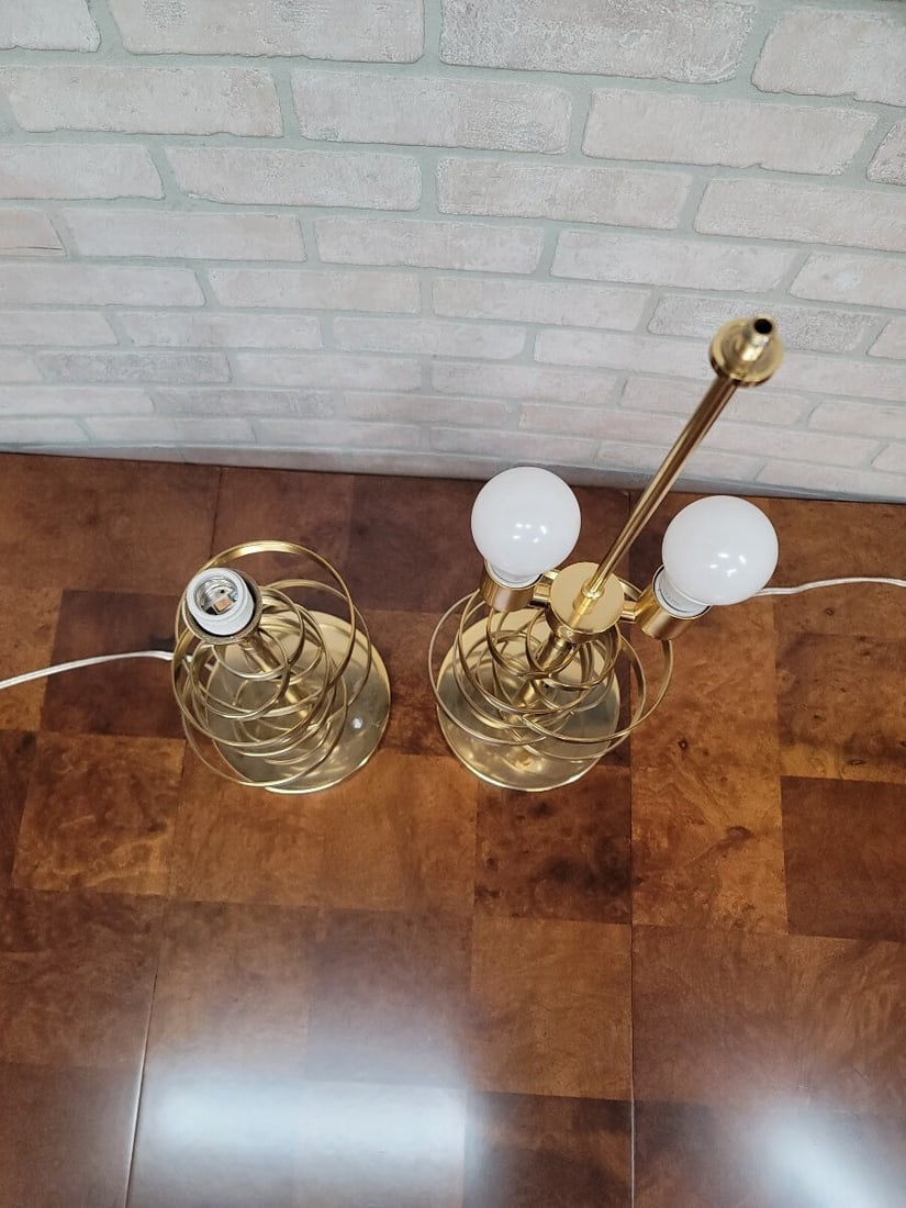 Designer Luciano Frigerio Style Brass Spiral Table Lamps with Custom Shades - Set of 2 - 6